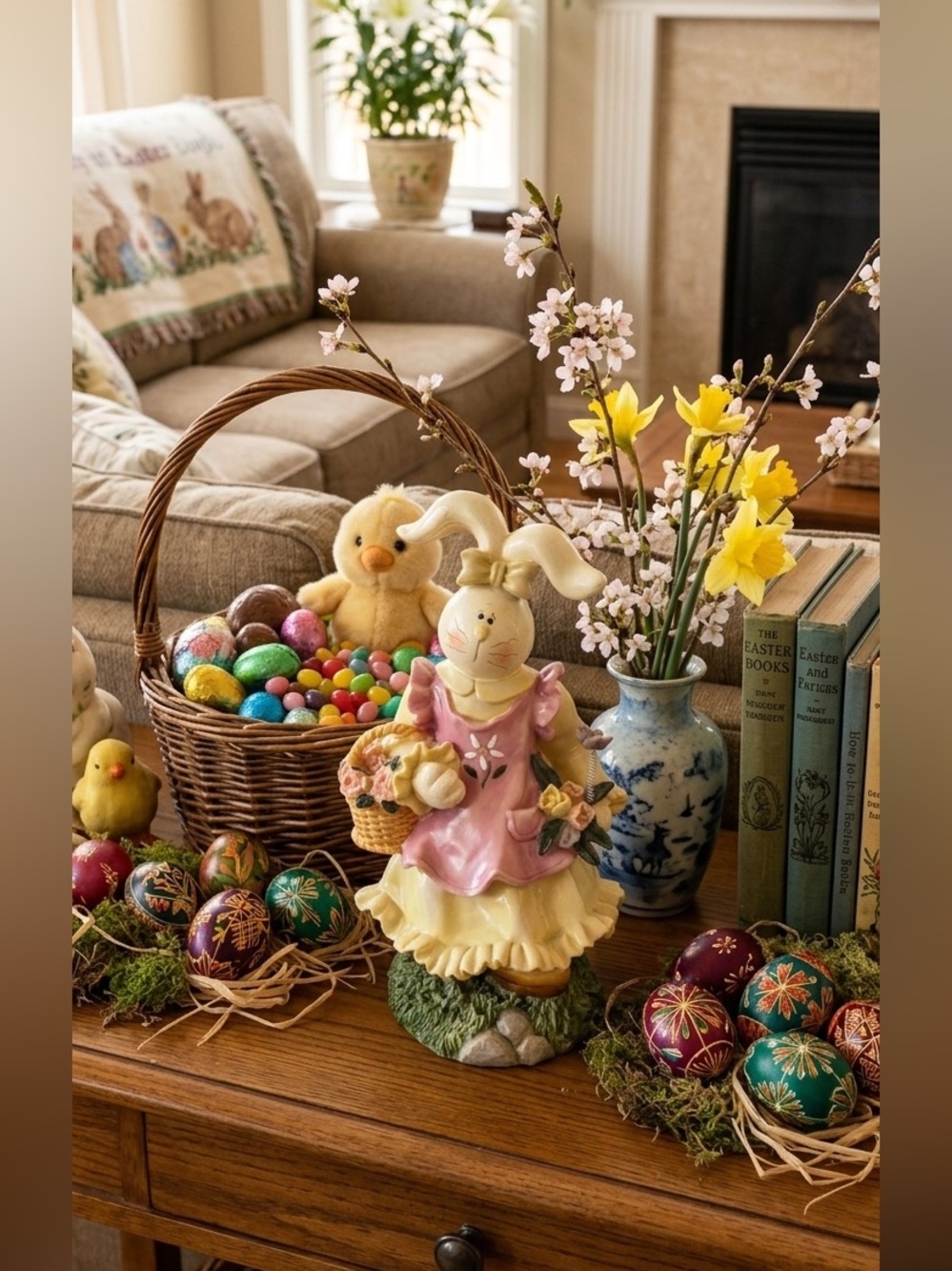 🐰 Vintage Colorful Garden Easter Bunny Figurine with Basket (Resin)